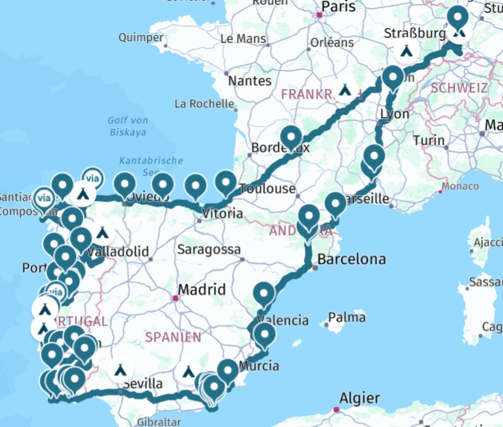 Reiseroute von Deutschland über Frankreich, Spanien, Portugal